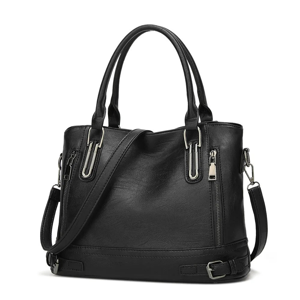 Retro Damen Handtasche – Motorrad Stil Tote Bag aus Weichem PU Leder | Große Casual Schulter- & Crossbody Tasche Kaufschwan® Schwarz