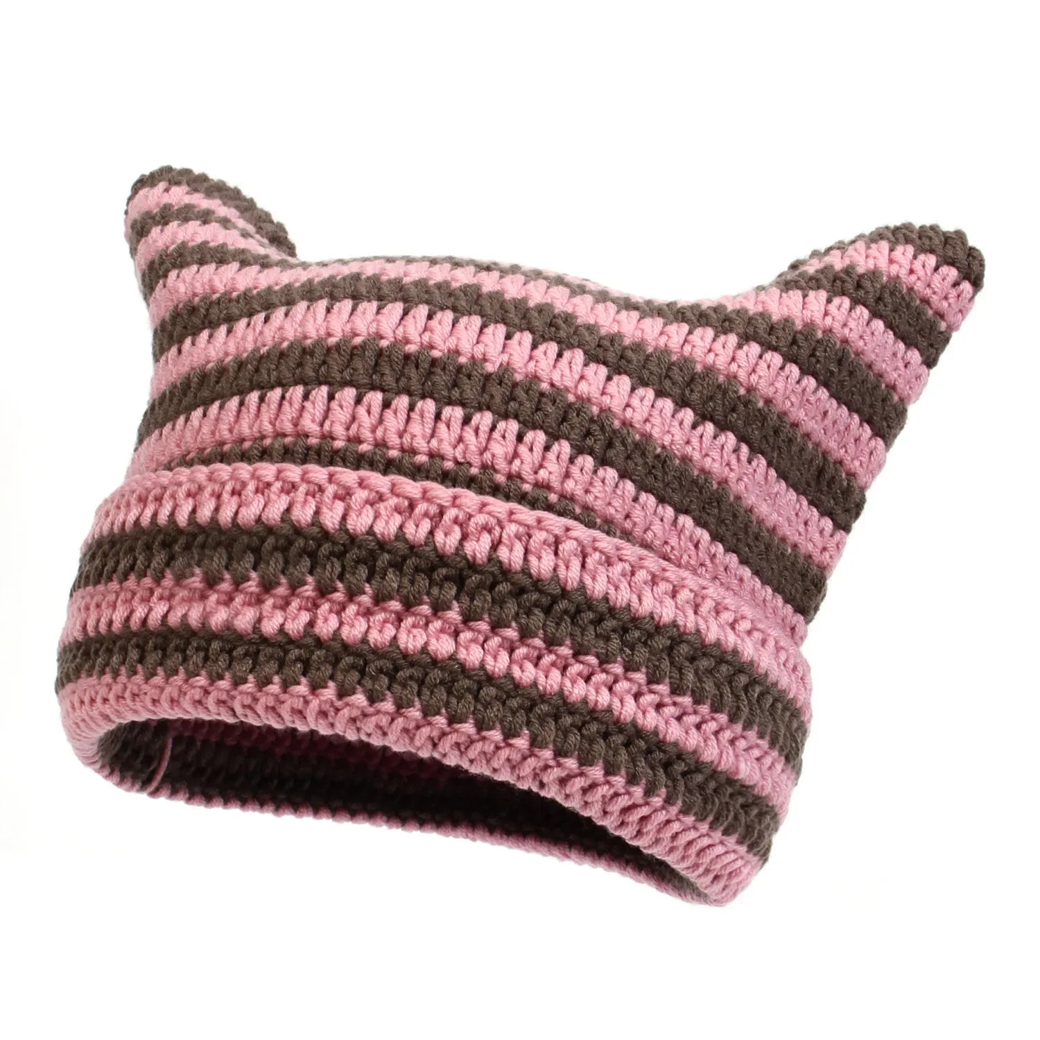 Häkelmütze mit Katzenohren – Weiche Acryl Wintermütze für Damen | Gestreifte Warme Beanie Mütze Geschenk Kaufschwan®