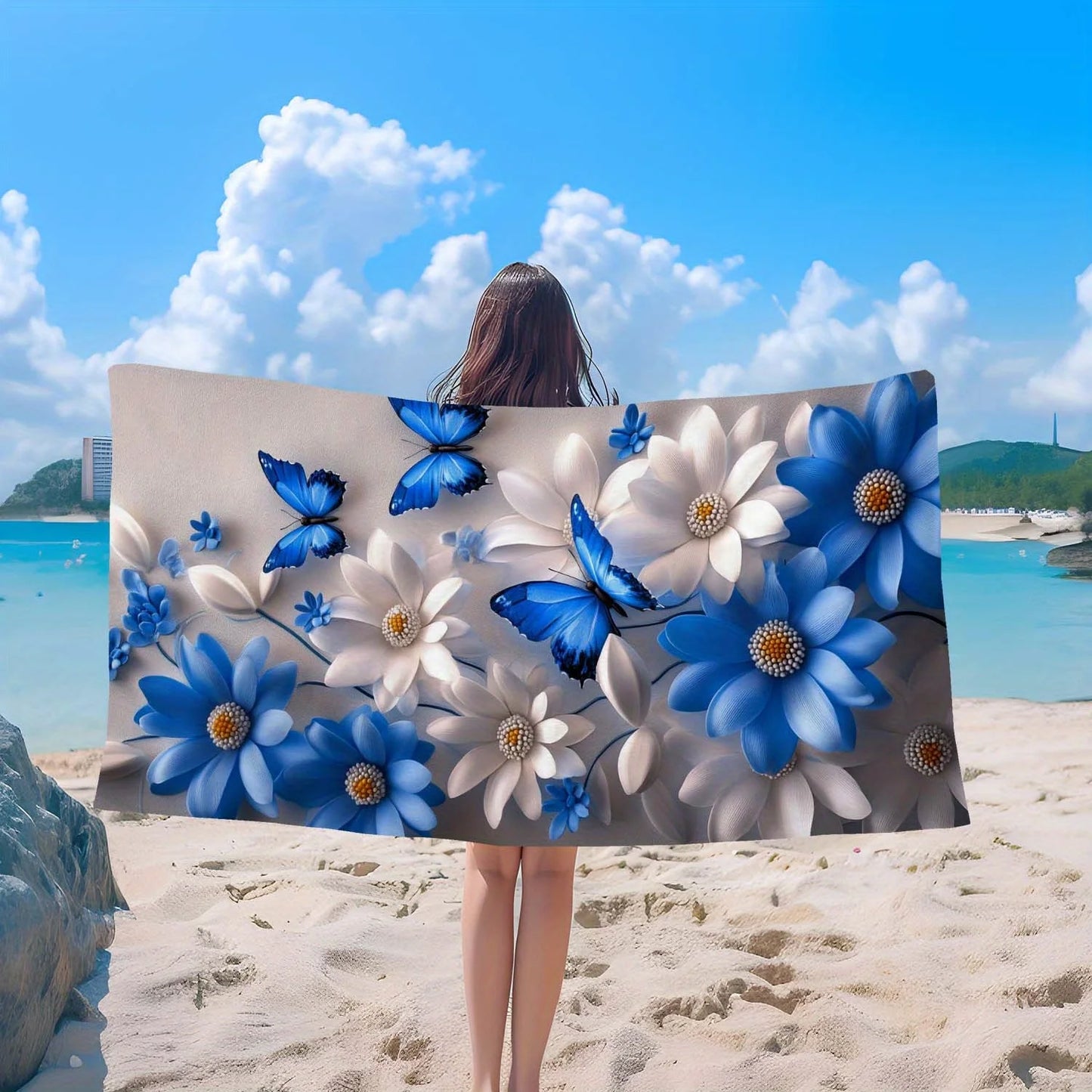 Blau-Weiß Geblümtes Strandtuch – Weiches Mikrofaser-Frottee Handtuch | Schnell Trocknend & Saugfähig für Yoga, Reisen, Fitness & Camping Kaufschwan®
