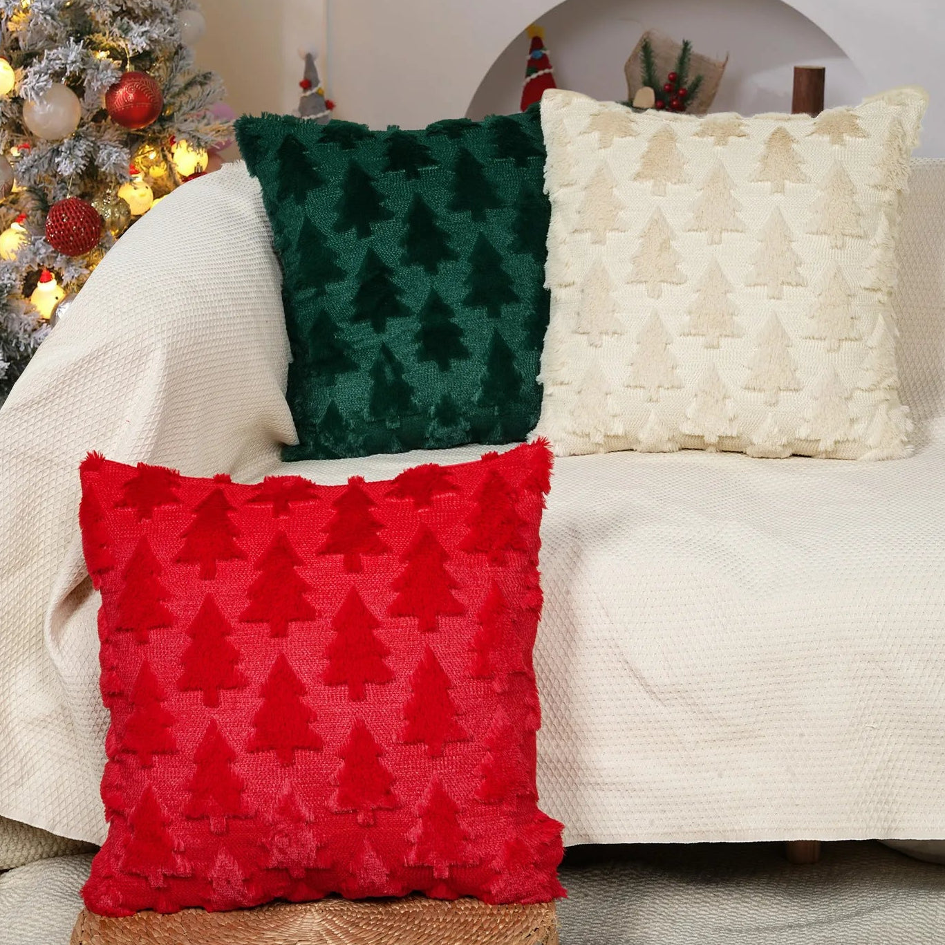 45x45cm Weihnachts Kissenbezug – Gestepptes Plüsch Design | Stern & Tannenbaum Motiv Sofakissen Bezug für Wohnzimmer Deko Kaufschwan®