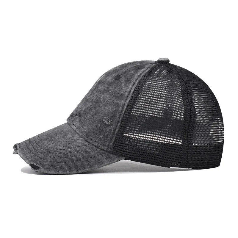 Washed Cotton Mesh Baseballkappe | Vintage Ripped Leichte Baseballcap für Herren & Damen | Atmungsaktive Frühlings- & Sommermode Kaufschwan®