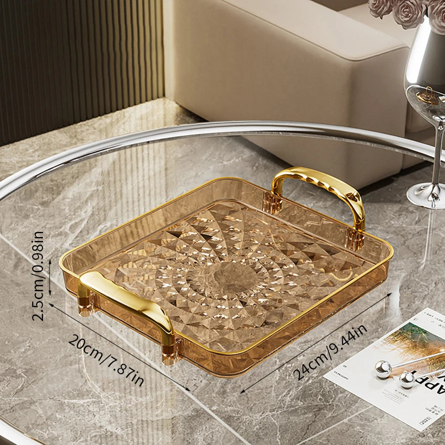 Transparentes Luxus-Serviertablett – Kunststoff Obst- & Desserttablett mit Griff, Dekoratives Aufbewahrungs- & Küchen-Organizer-Tablett Kaufschwan® Gold M