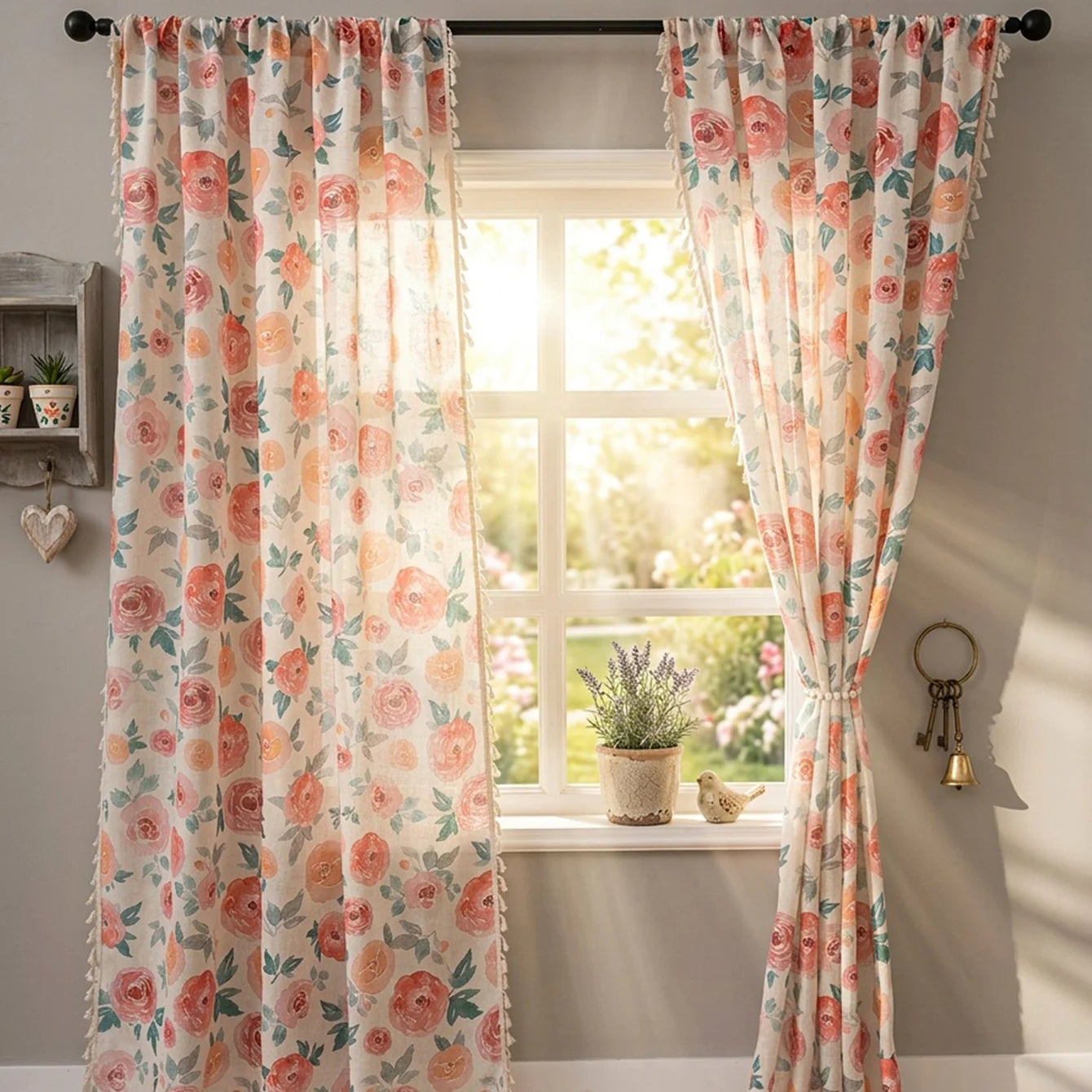Rosa Blumen Vorhang mit Leinenoptik Lichtdurchlässig im Shabby Chic Stil für Wohnzimmer Kaufschwan®