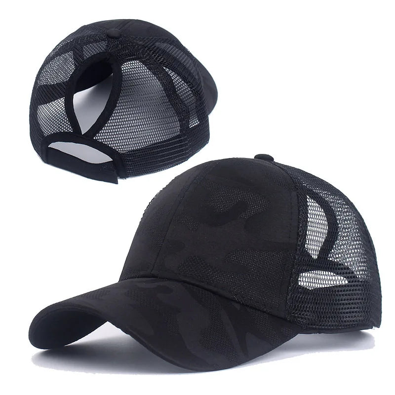 Sommer Camouflage Damen Zopf Cap | Damen Snapback Baseballkappe | Messy Hair Bun & Ponytail Freundlich Kaufschwan® Schwarz