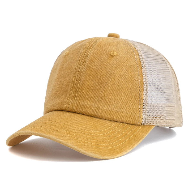 Unisex Trucker Cap | Mehrfarbige Einfarbige Baseballkappe | Washed Cotton Baseballcap für Herren & Damen Kaufschwan® Gelb 55cm-60cm