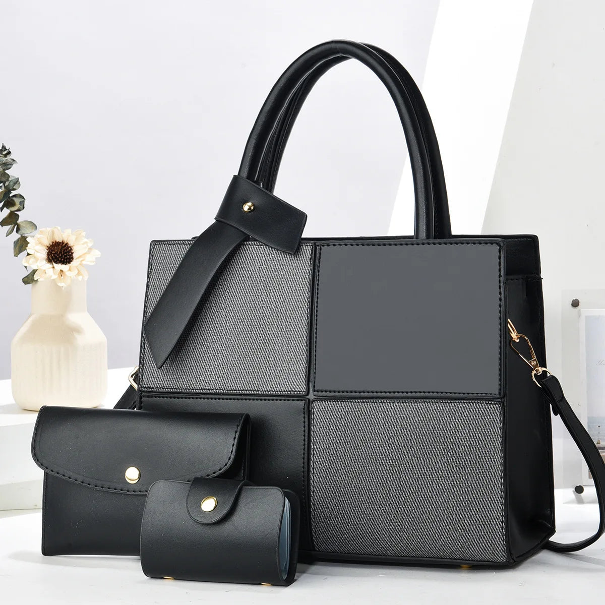 Modische Große Matel Handtasche mit Farbblock – Ein-Schulter Tasche | Macaron Stil Crossbody Damen Tasche Kaufschwan® Schwarz