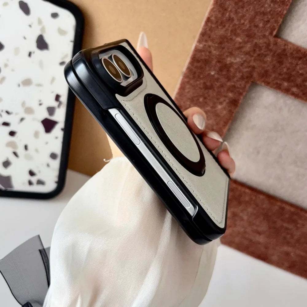 Luxuriöse Retro-Schutzhülle in Lederoptik für iPhone Duo – Magnetische MagSafe-Kompatible Hülle mit Drehbarem Ständer und Stoßschutz Kaufschwan®