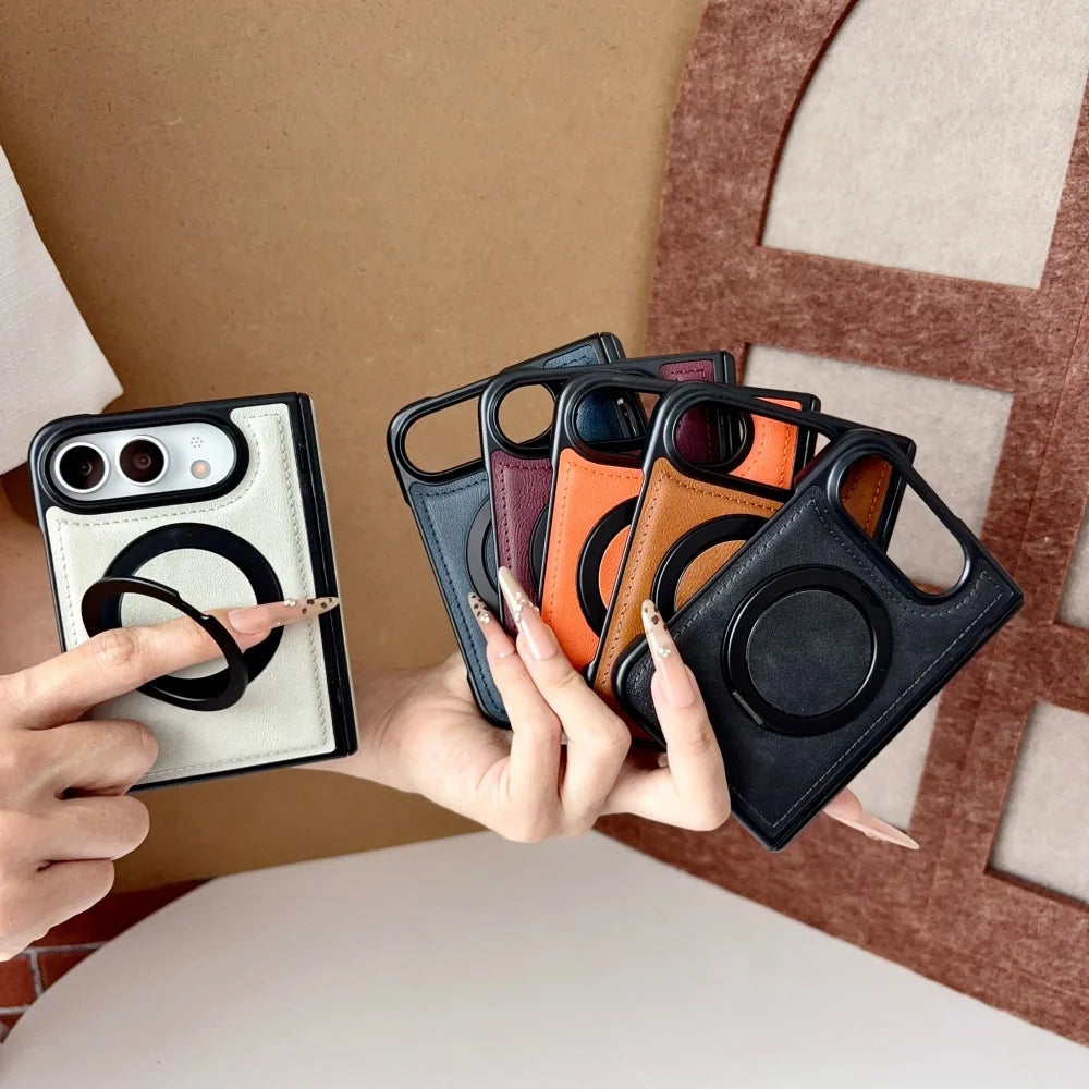 Luxuriöse Retro-Schutzhülle in Lederoptik für iPhone Duo – Magnetische MagSafe-Kompatible Hülle mit Drehbarem Ständer und Stoßschutz Kaufschwan®