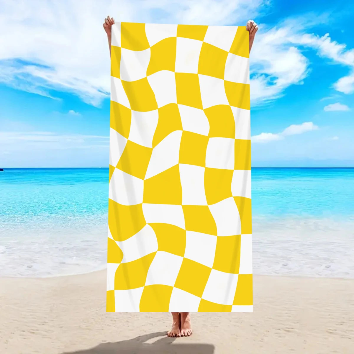 Modisches Kariertes Strandtuch – Schnell Trocknend & Saugfähig | Großes Mikrofaser Handtuch in Mehreren Farben für Strand & Reisen Kaufschwan® Gelb-Weiß 180x90cm
