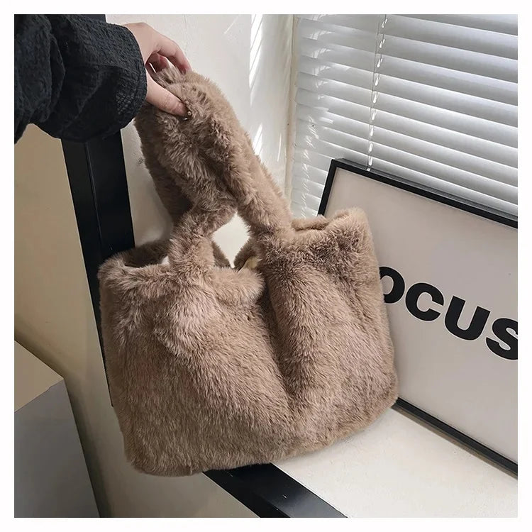 Herbst Winter Plüsch Tote Bag – Damen Modische Schultertasche | Vielseitige weiche Handtasche Kaufschwan® Dunkelbraun 35x10x55cm
