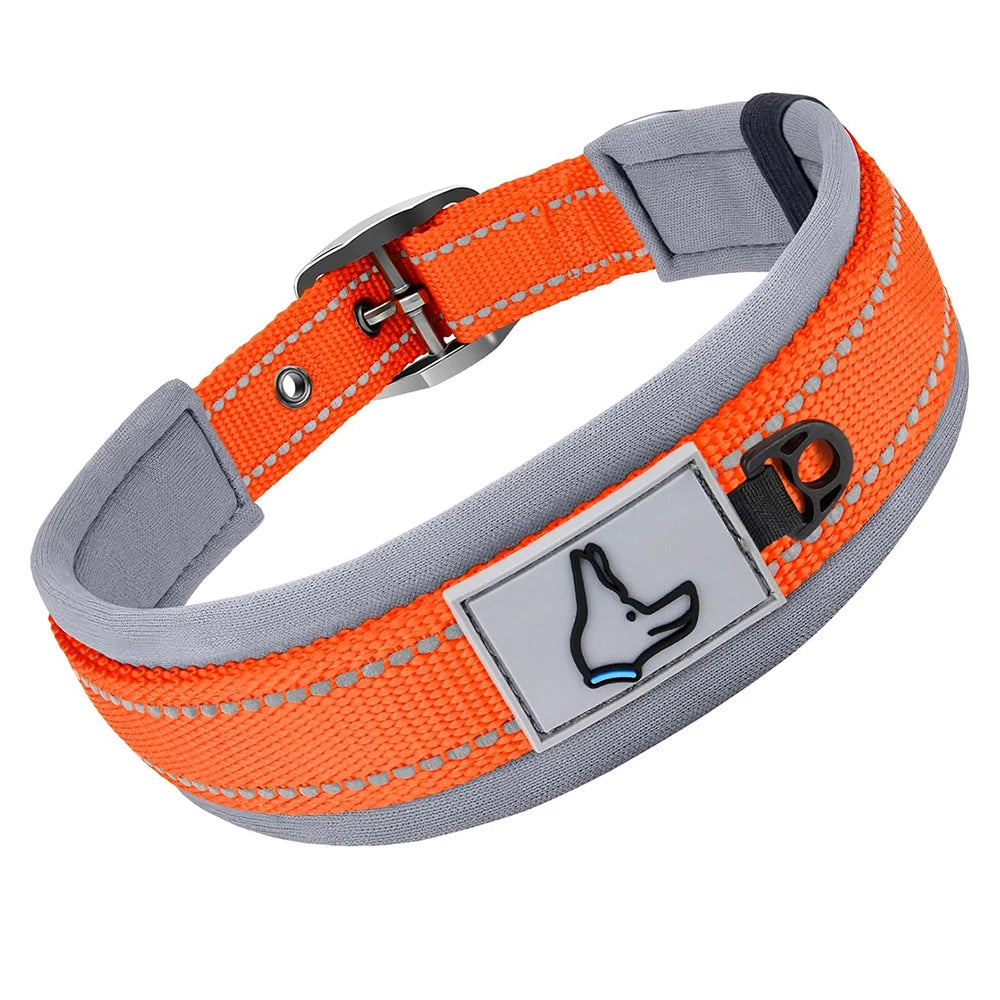Reflektierendes Gepolstertes Hundehalsband Verstellbar Breit Nylon Neopren für Kleine Mittel Große Hunde Kaufschwan® Orange S