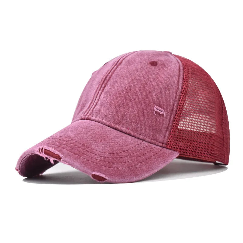 Washed Cotton Mesh Baseballkappe | Vintage Ripped Leichte Baseballcap für Herren & Damen | Atmungsaktive Frühlings- & Sommermode Kaufschwan® Weinrot