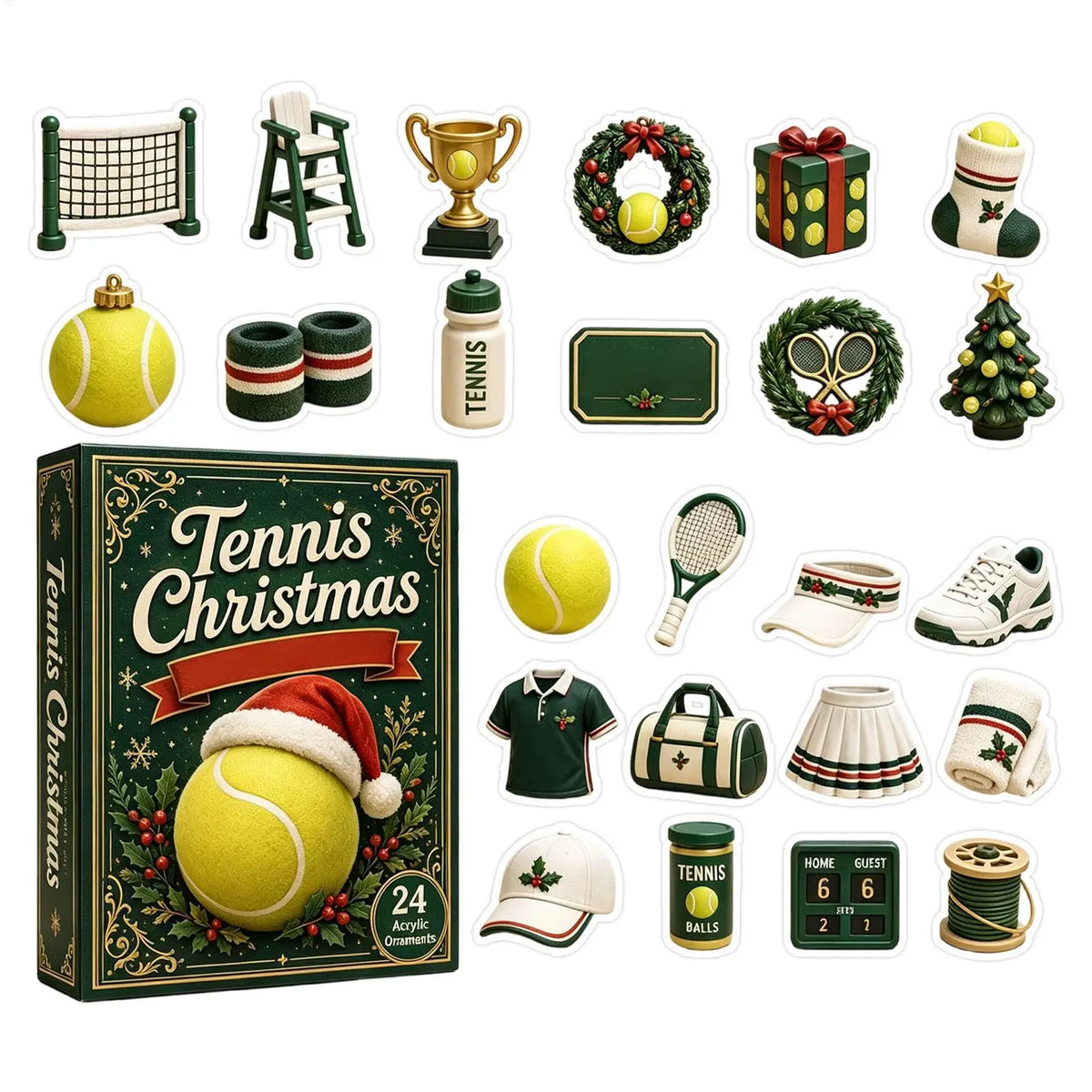 Tennis-Adventskalender – 24-Tage-Weihnachtskalender mit 2D-Tennisanhängern aus Acryl für Festtage & Geburtstage