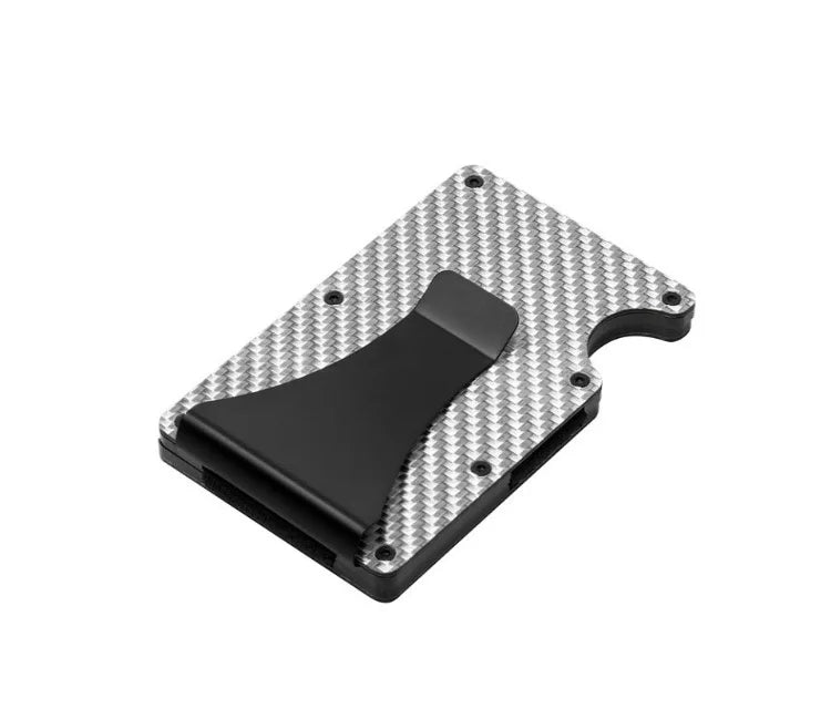 Minimalistische Geldbörse für Herren – RFID Aluminium Metall Wallet mit Geldklammer & Geldband (Carbonfaser Kartenhalter) Kaufschwan® Silber