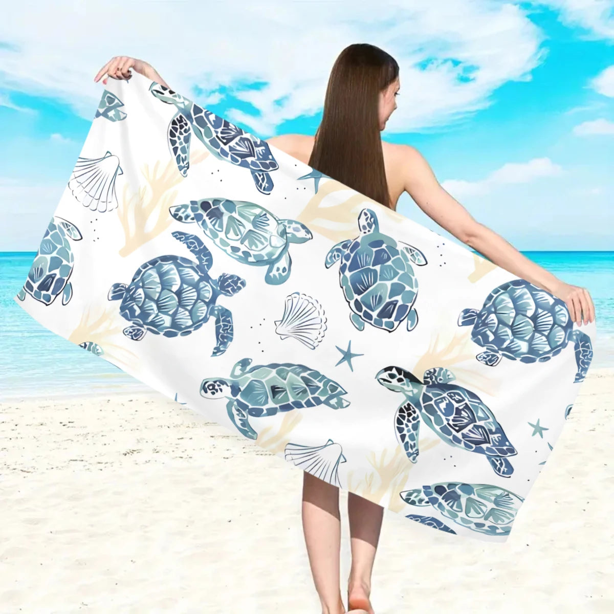 Großes Strandtuch mit Ozean-Motiv – Schildkröte, Seestern & Muschel Print | Schnell Trocknendes Saugfähiges Mikrofaser Strandtuch Kaufschwan®