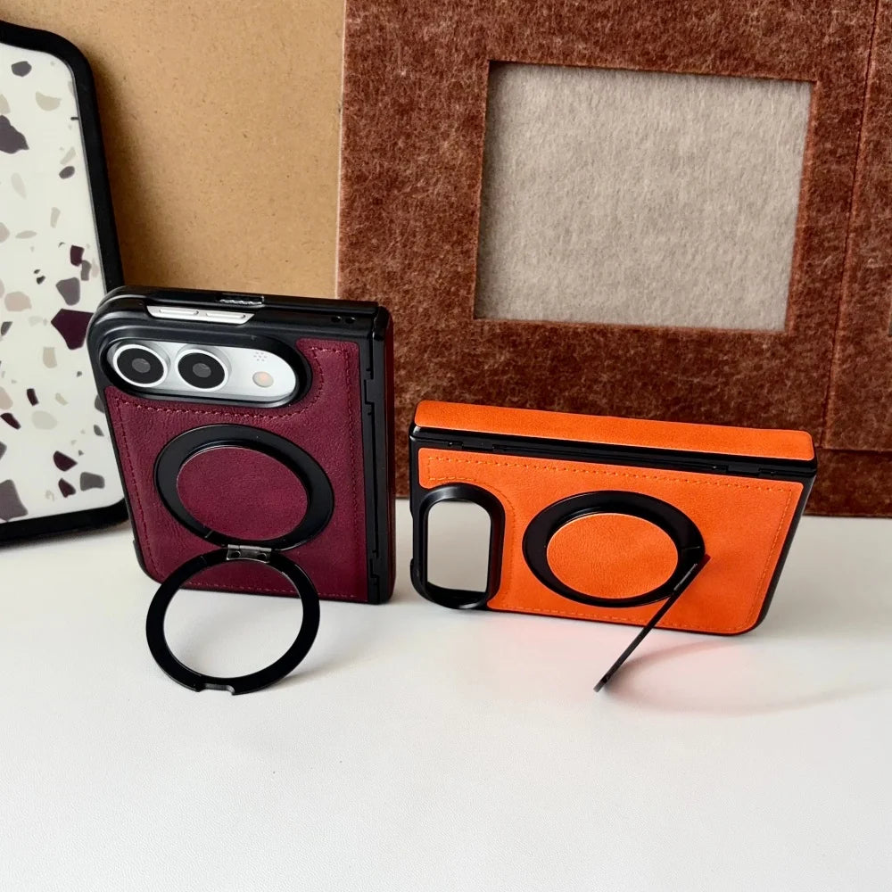 Luxuriöse Retro-Schutzhülle in Lederoptik für iPhone Duo – Magnetische MagSafe-Kompatible Hülle mit Drehbarem Ständer und Stoßschutz Kaufschwan®
