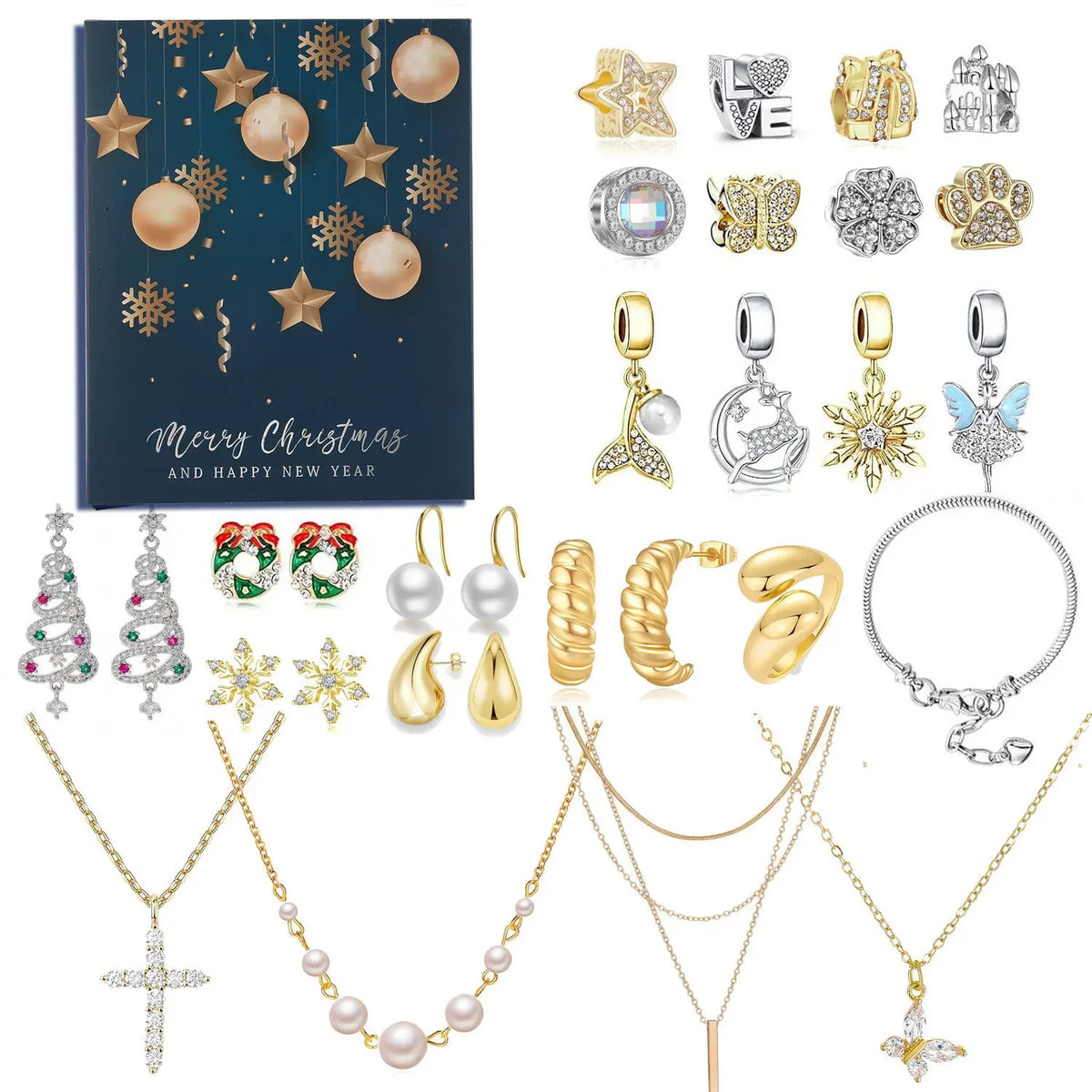 Goldfarbener Schmuck-Adventskalender – 24-Tage-Weihnachtskalender mit Halsketten, Armbändern & Ohrringen