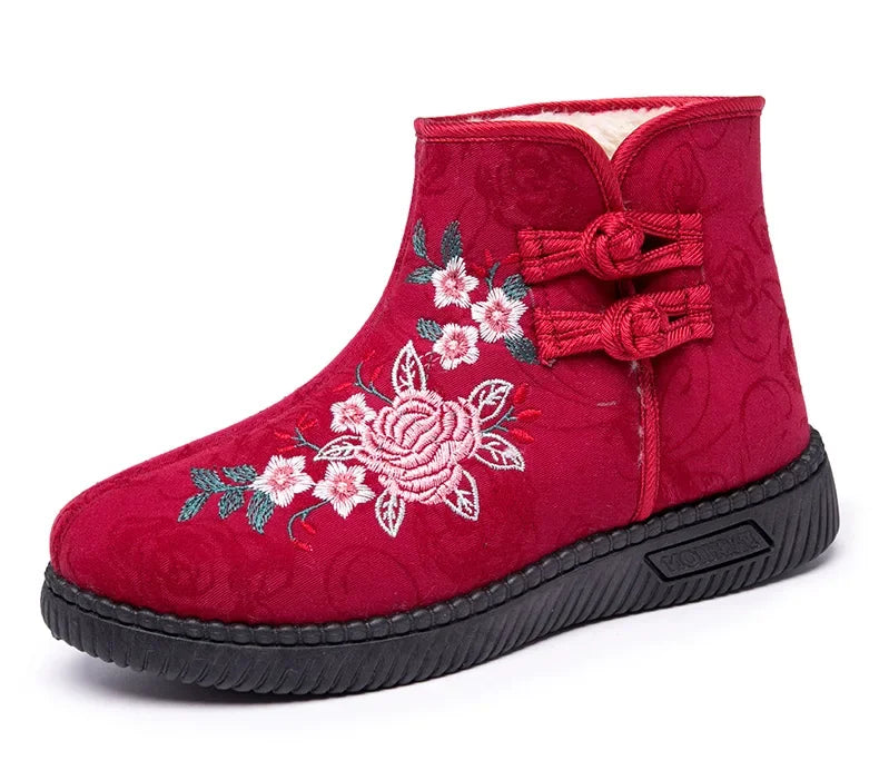 Damen Bestickte Schneestiefel – Mittelhohe Baumwollstiefel mit Kunstfell Fleece Futter | Warme Winter Schuhe für Mütter Kaufschwan®