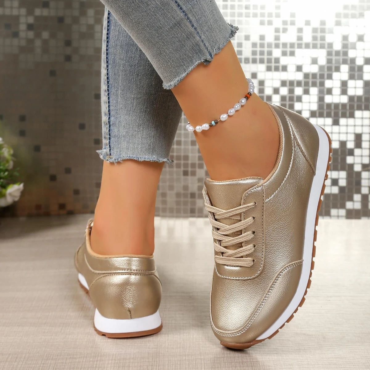 Damen Leder-Sneaker – Bequeme Schnürschuhe | Runde Zehenform, Flache Low-Top Schuhe für Frühling & Herbst Kaufschwan®