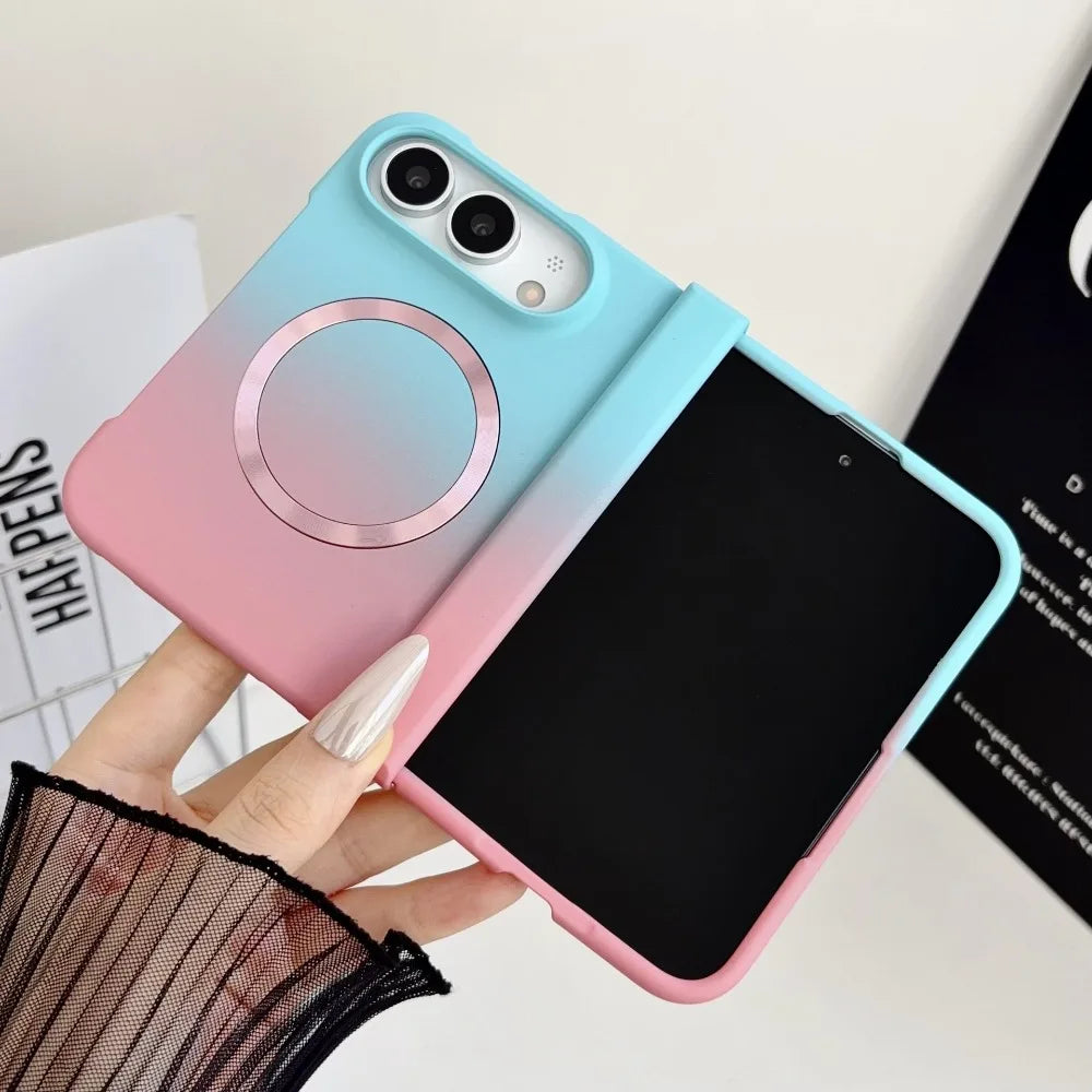 Magnetische Schutzhülle mit Farbverlauf für iPhone Duo – MagSafe-Kompatible Matte Hart-PC-Hülle mit Scharnierschutz Kaufschwan® Blau-Rosa iPhone Duo