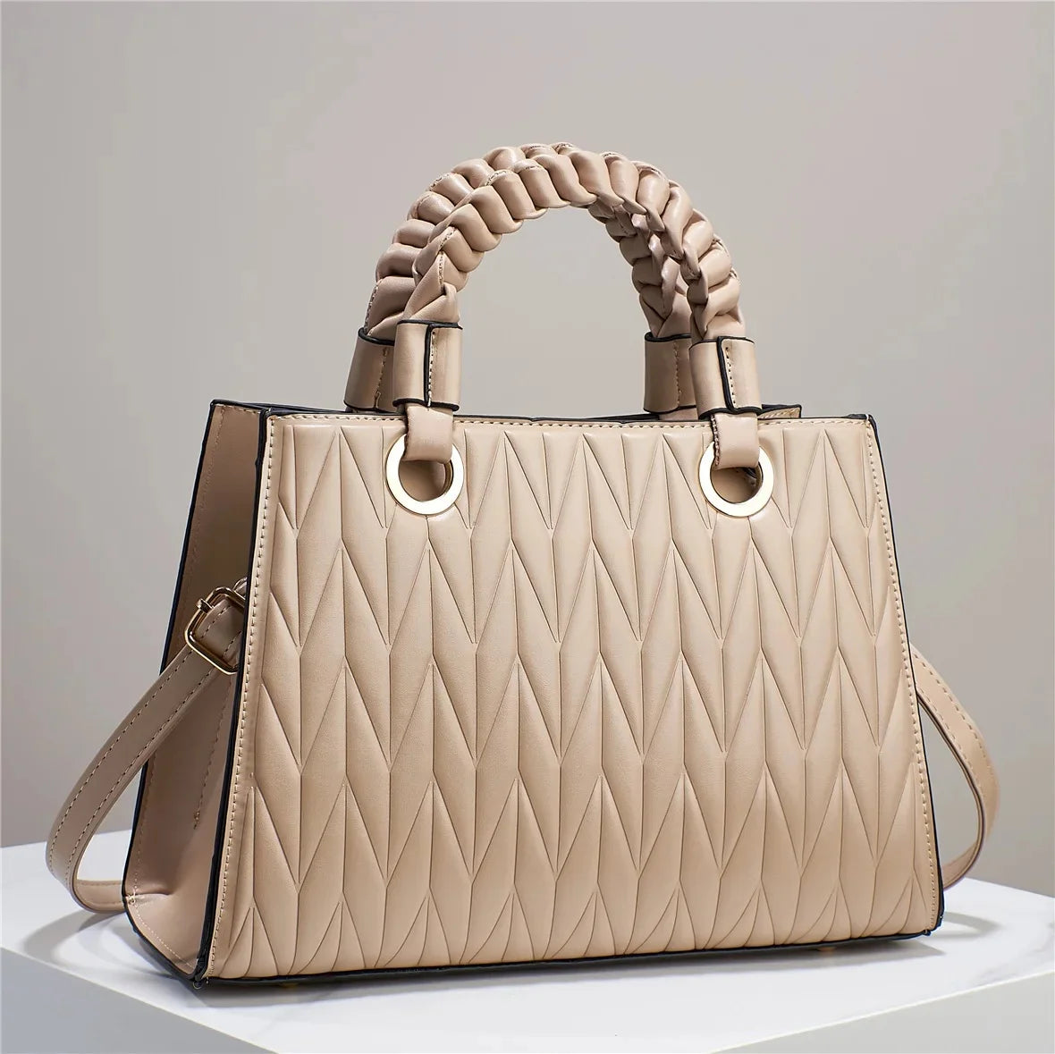 Neue Bestickte Damenhandtasche – Hochwertige Einfarbige Tasche | Schulter- & Crossbody Pendlerhandtasche für Den Alltag Kaufschwan® Beige 30cm x 11cm x 21cm
