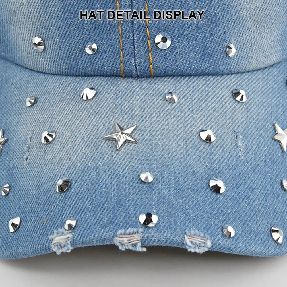 Denim Baseballkappe Damen | Vintage-Cap mit Rivet Star | Snapback Baseballcap für Damen & Herren | Sommer Outdoor Freizeit Kaufschwan®