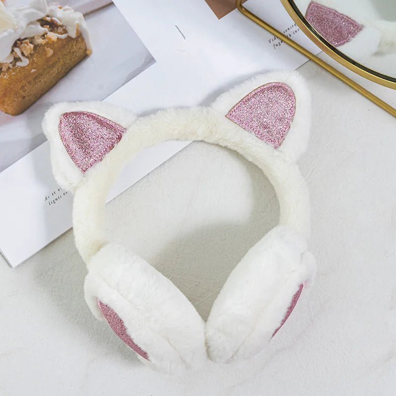 Herbst Winter Plüsch Ohrwärmer mit Katzenohren & Rosa Herz – Thermische Dicke Earmuffs für Kinder & Damen | Süß & Warm Kaufschwan® Weiß
