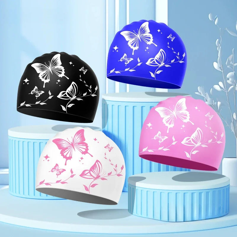 Wasserdichte Schwimmkappe mit Schmetterlingsmuster – Elastische Silikon Schwimmhaube für Langes Haar & Ohrenschutz | Unisex Erwachsene Kaufschwan®