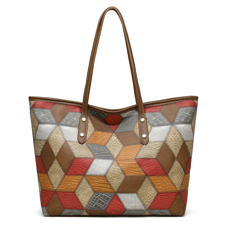 Damenhandtasche mit Großem Fassungsvermögen – Lässige PU Leder Patchwork Tote | Modische Unterarm & Schultertasche Kaufschwan®