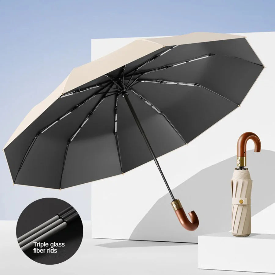 Winddichter UV-Schutzschirm UPF50+ – Automatischer Kompakter Regen- & Sonnenschirm mit Stilvollem Gebogenem Griff Kaufschwan® Beige