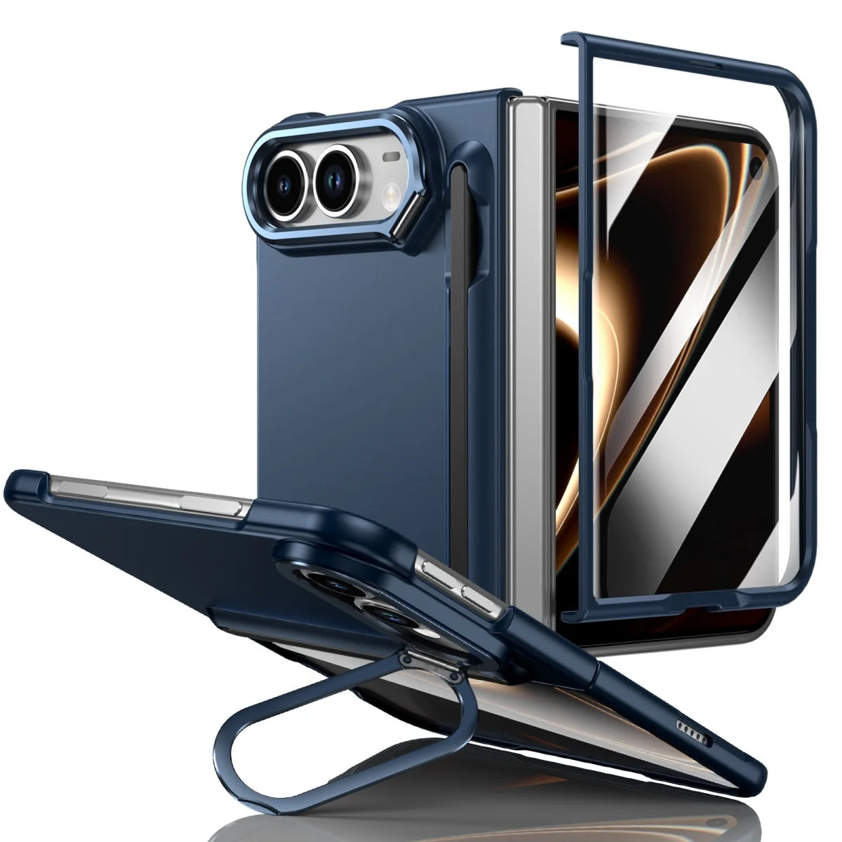 Schützende Klapphülle für iPhone Duo – Stoßfeste Hart-PC-Hülle mit Stifthalter, Displayschutz, Scharnierschutz und Metallständer Kaufschwan® Dunkelblau iPhone Duo