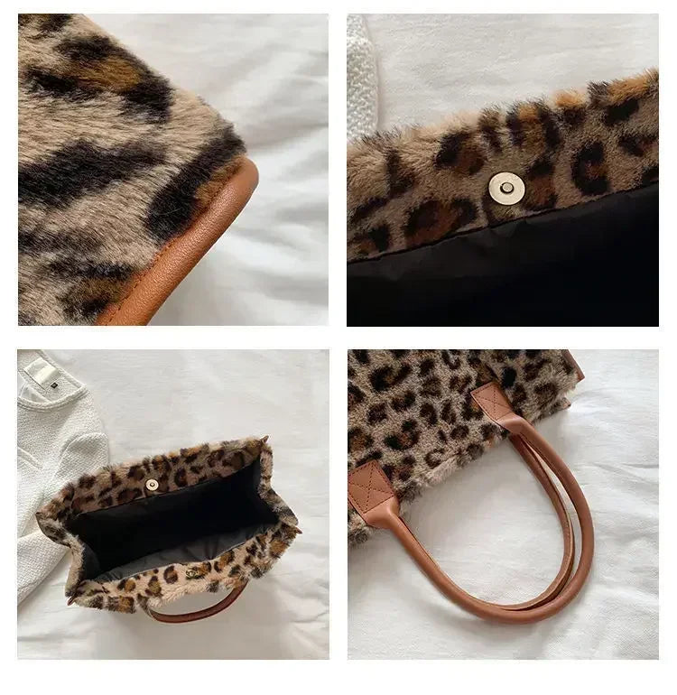 Damen Handtasche aus Weichem Plüsch – Winter Tote mit Leoparden- & Kuhmuster | Flauschige PU Leder Unterarm Schultertasche Kaufschwan®