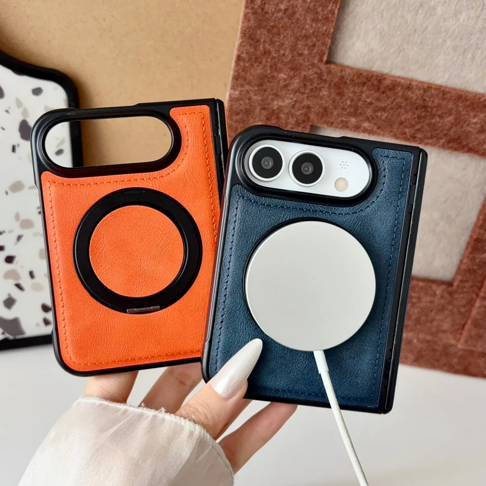 Luxuriöse Retro-Schutzhülle in Lederoptik für iPhone Duo – Magnetische MagSafe-Kompatible Hülle mit Drehbarem Ständer und Stoßschutz Kaufschwan®