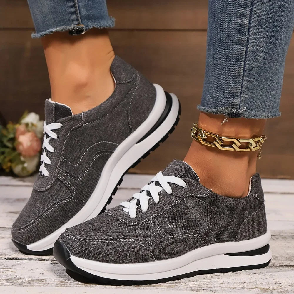 Blaue Damen Plateau-Sneaker – Modische Schnürschuhe mit Dicker Sohle | Bequeme Freizeit-Sneaker in Übergrößen bis 43 Kaufschwan®