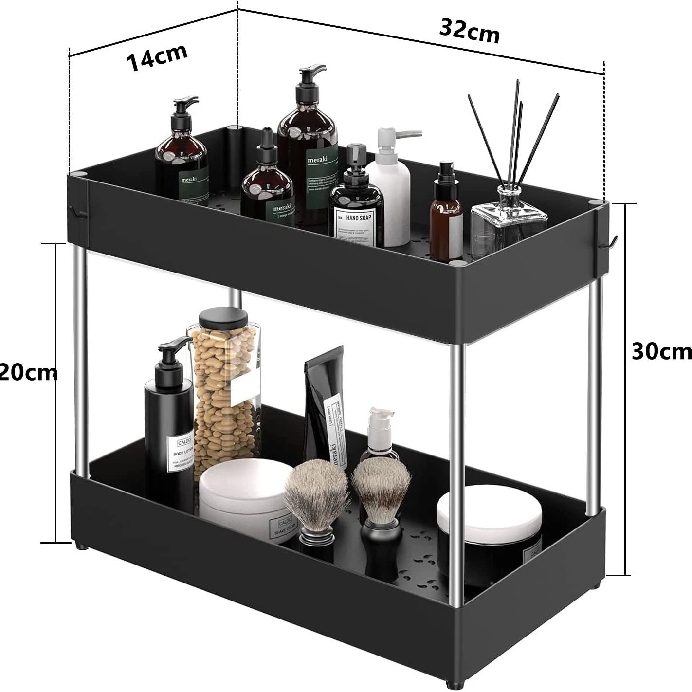 2-stufiger Unter-Spülbecken Organizer – Schiebbares Schrankregal mit Körben, Haken & Becher | Bad & Küchen Aufbewahrung Kaufschwan® Schwarz Standard