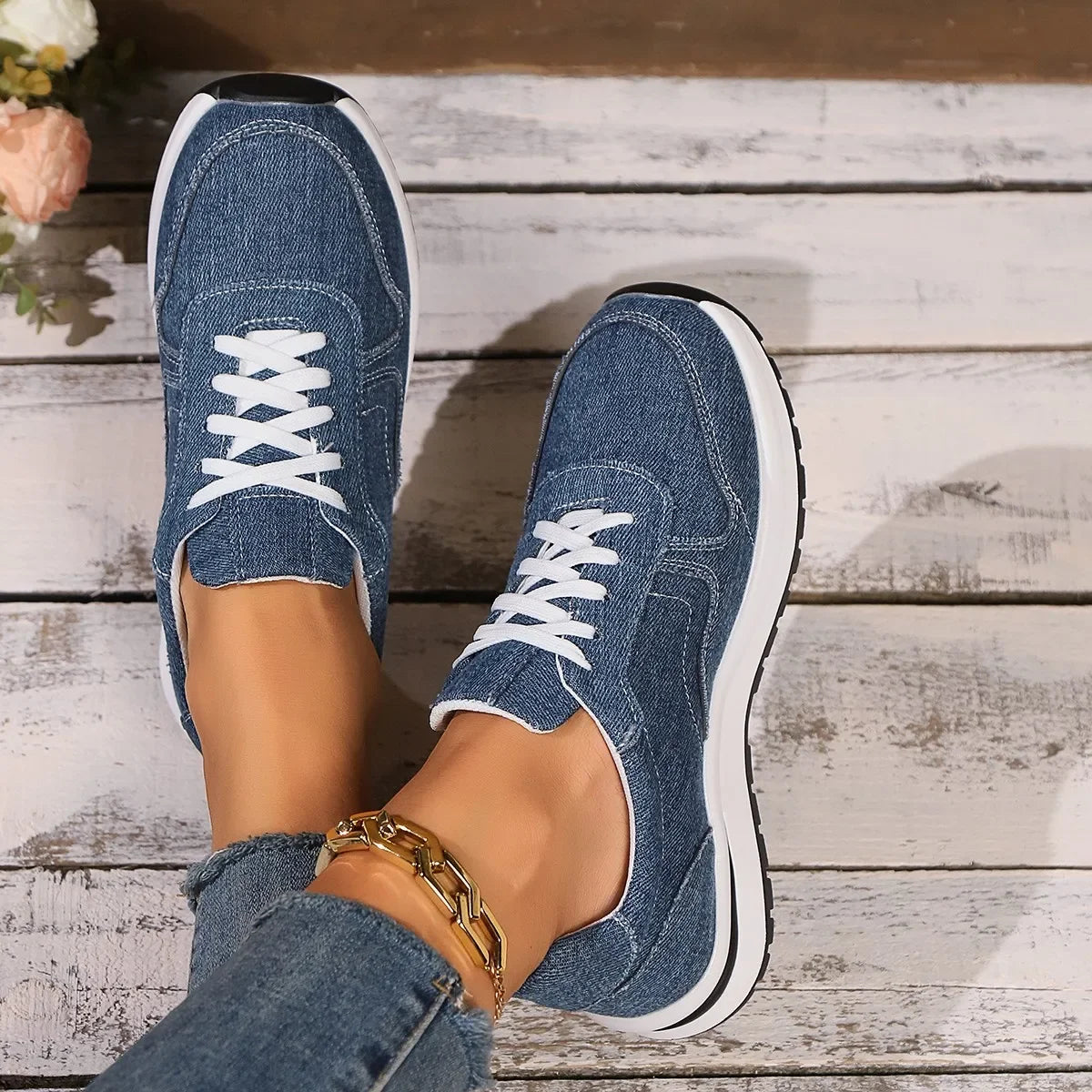 Blaue Damen Plateau-Sneaker – Modische Schnürschuhe mit Dicker Sohle | Bequeme Freizeit-Sneaker in Übergrößen bis 43 Kaufschwan®