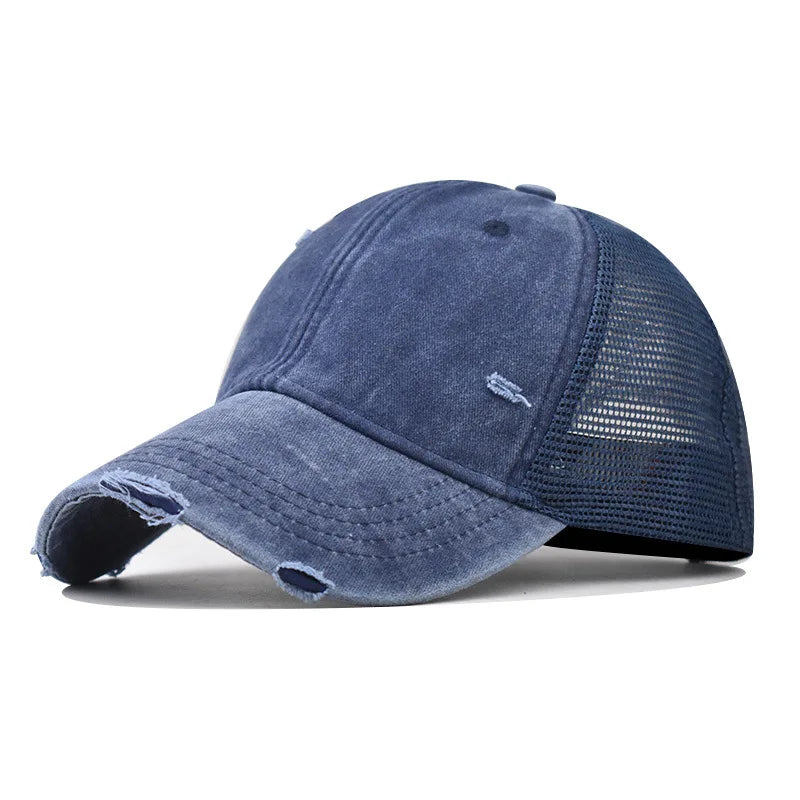 Washed Cotton Mesh Baseballkappe | Vintage Ripped Leichte Baseballcap für Herren & Damen | Atmungsaktive Frühlings- & Sommermode Kaufschwan® Marine