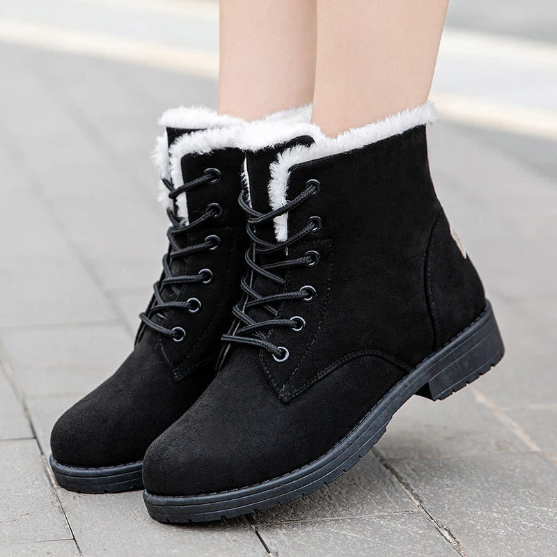 Damen Schneestiefel – Flache Plateau Winter Schuhe | Warme Kunstfell Gefütterte Plüsch Stiefel für Damen | Bequeme Winter Schuhe Kaufschwan®