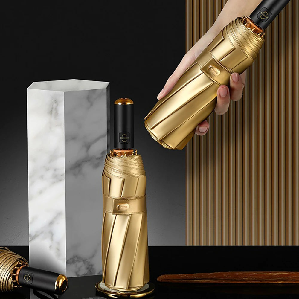 Luxus Gold Automatikschirm – Tragbarer Damen 3-Fach Faltbarer UV-Schutz Sonnenschirm, 10K Doppel-Lagen Winddichter Schirm für Mädchen Kaufschwan®