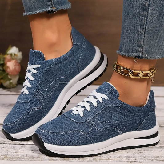 Blaue Damen Plateau-Sneaker – Modische Schnürschuhe mit Dicker Sohle | Bequeme Freizeit-Sneaker in Übergrößen bis 43 Kaufschwan®