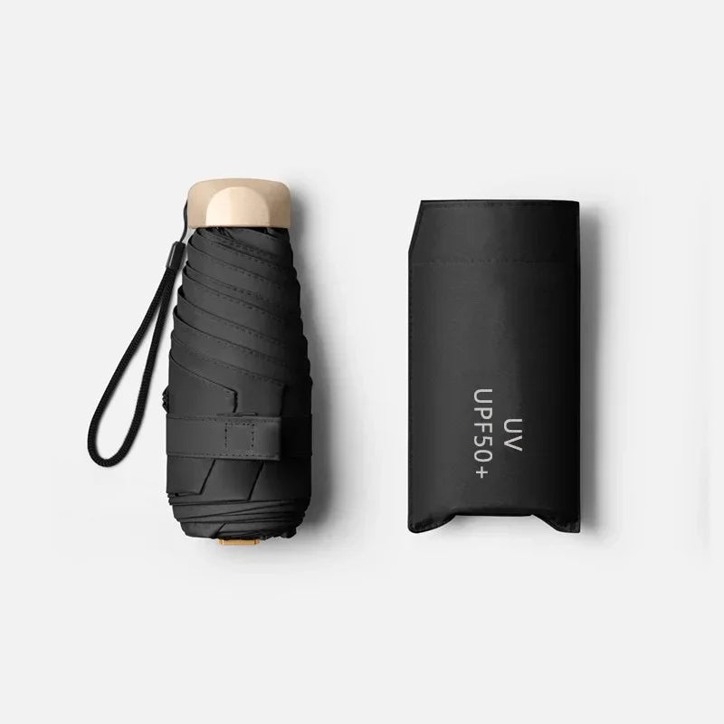 Mini Regenschirm im Taschenformat – Faltbarer Vinyl UV-Schutz Schirm für Sonne & Regen mit Kapsel-Etui Kaufschwan® Schwarz
