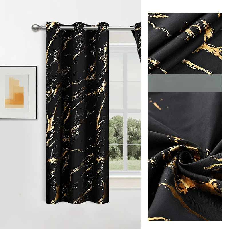 100% Verdunkelung Luxus Marmor Vorhang Set mit Goldfolie und Präziser Verarbeitung – Premium Wohn Deko Kaufschwan® Schwarz-02 100X250CM-1 Stück Metallösen-Oberteil