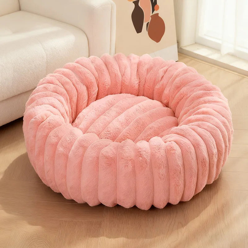 Indoor Hundebett – Cordstoff & Kunstfell Donut Bett mit Anti-Rutsch Boden Kaufschwan® Rosa 40cm