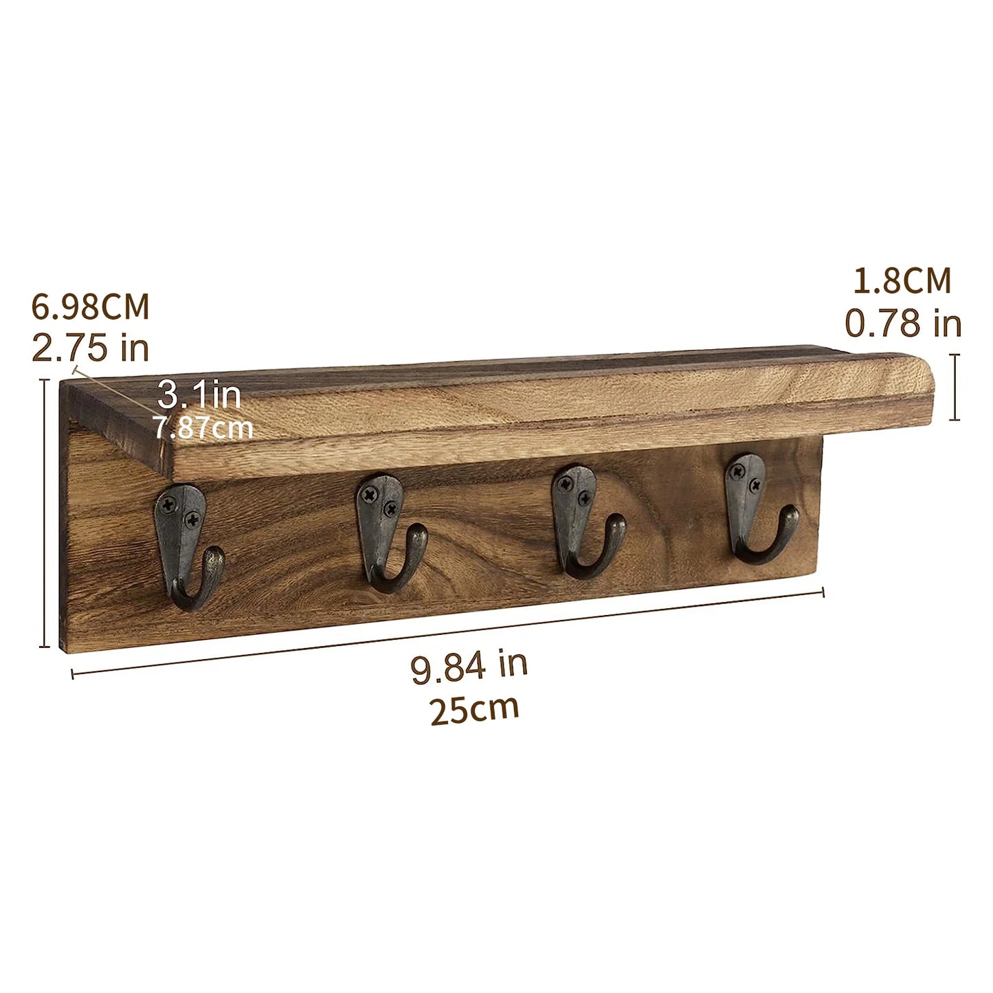 Rustikaler Holz Schlüsselhalter für die Wand – Landhausstil Wandregal | Wandmontierter Organizer mit 4 Metallhaken für Schlüssel & Deko Kaufschwan®