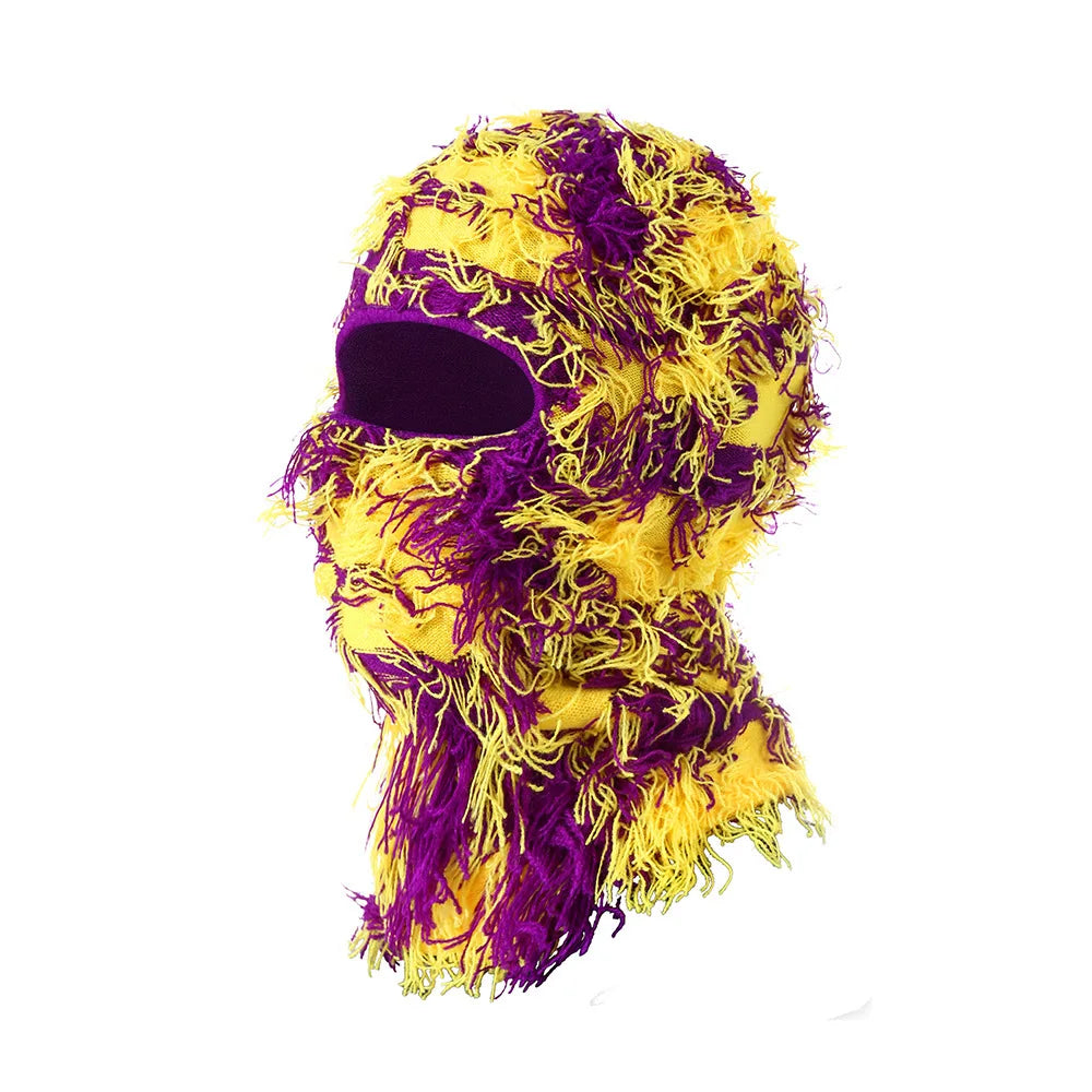 Motorrad Hip-Hop Balaclava – Gestrickte Vollgesichts-Skimütze im Used-Look | Damen Outdoor Camouflage Fuzzy Beanie Wintermütze Kaufschwan® Gelb Lila