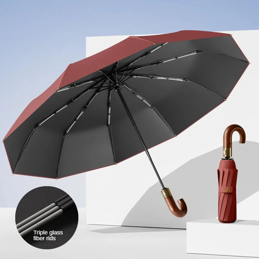 Winddichter UV-Schutzschirm UPF50+ – Automatischer Kompakter Regen- & Sonnenschirm mit Stilvollem Gebogenem Griff Kaufschwan® Rot