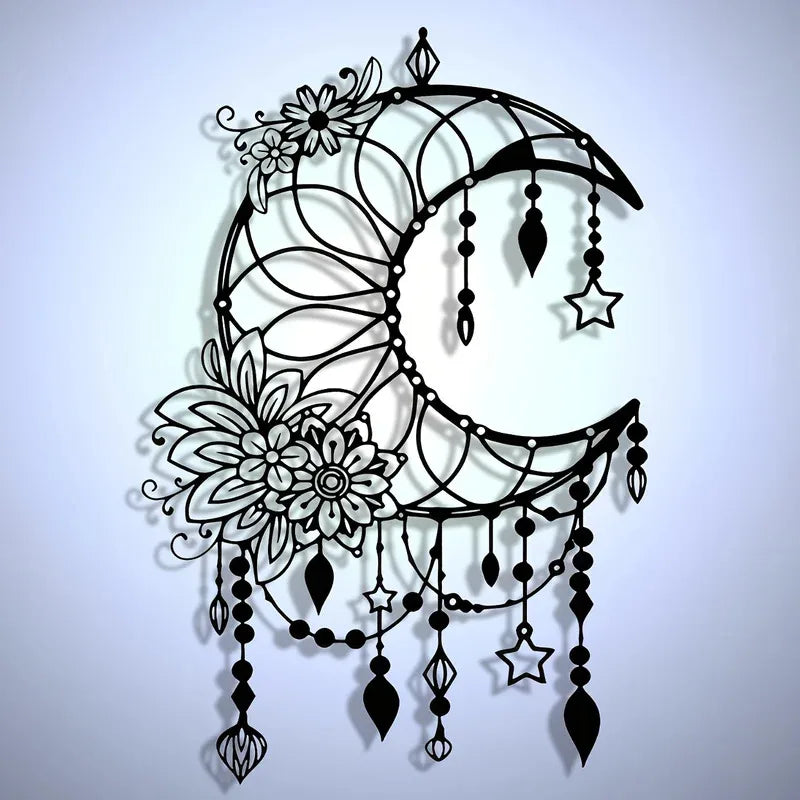 Elegantes Gothisches Mond & Blumen Metall Wandbild – Modernes Hängedekor Kaufschwan®
