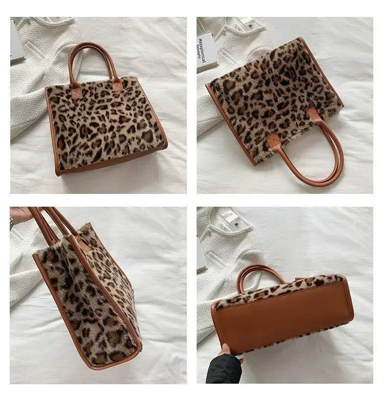 Damen Handtasche aus Weichem Plüsch – Winter Tote mit Leoparden- & Kuhmuster | Flauschige PU Leder Unterarm Schultertasche Kaufschwan®