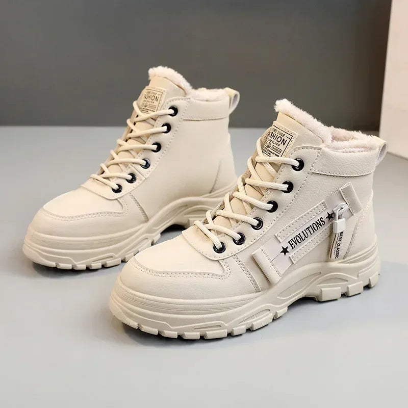Damen Winter Schneestiefel – Warme High-Top Plateau Sneakers | Kunstfell Gefütterte Knöchelstiefel Kaufschwan® Beige 36