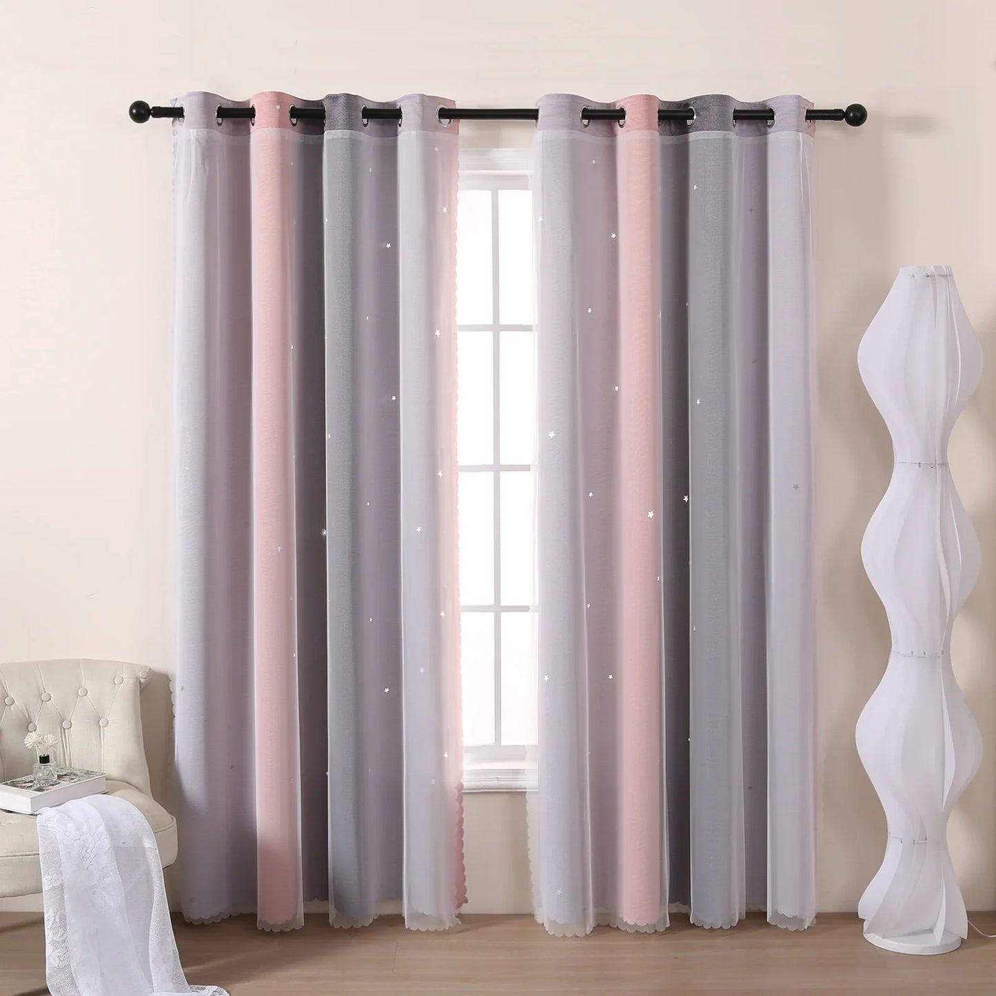 Grau Rosa Farbverlauf Stern Ausschnitt Halb Verdunkelungsvorhang für Mädchen Schlafzimmer Wohnzimmer 2 Stück/Set Kaufschwan®